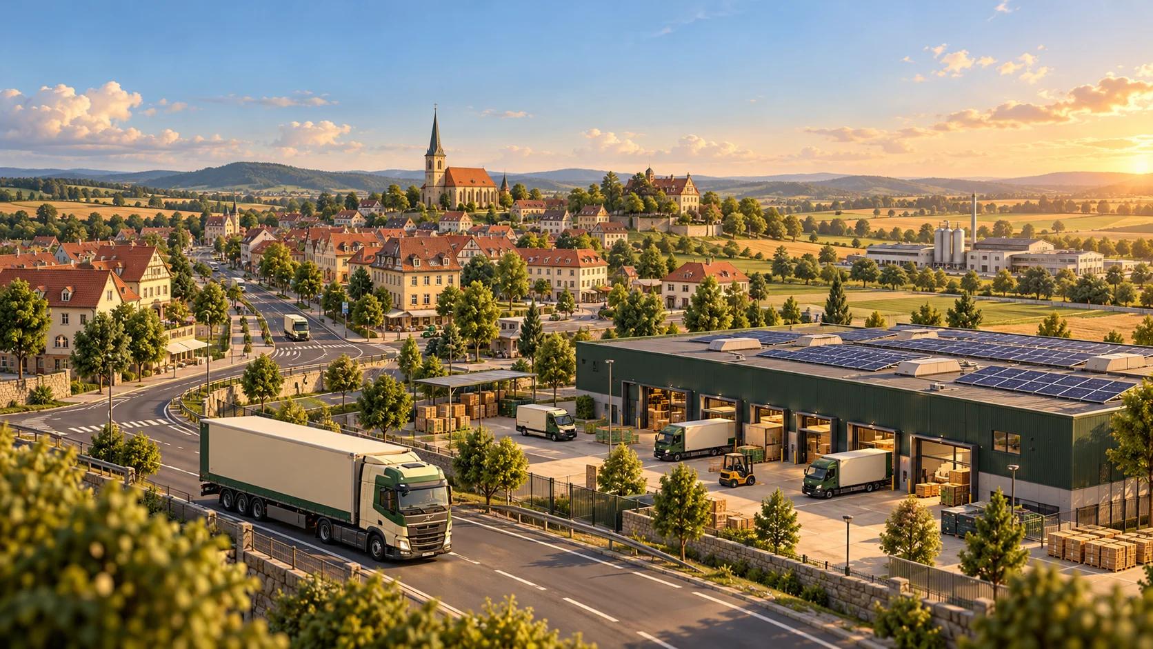 ecotrasim-Werbeillustration eines Transportnetzes in einer grünen Stadt als Diorama